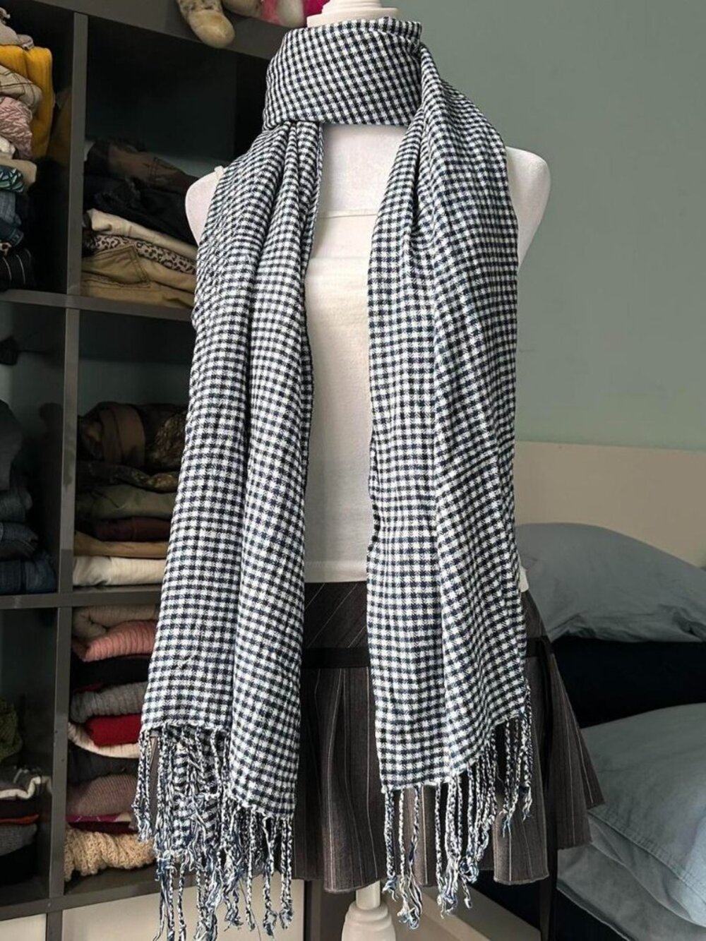 Navy Blue and White Gingham Scarf